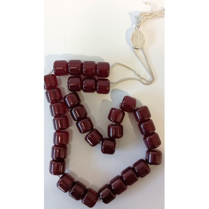 Κομπολόι από ασήμι 925 με χάντρες από κεχριμπάρι φατουράν χρώματος κερασιού (KOM13)